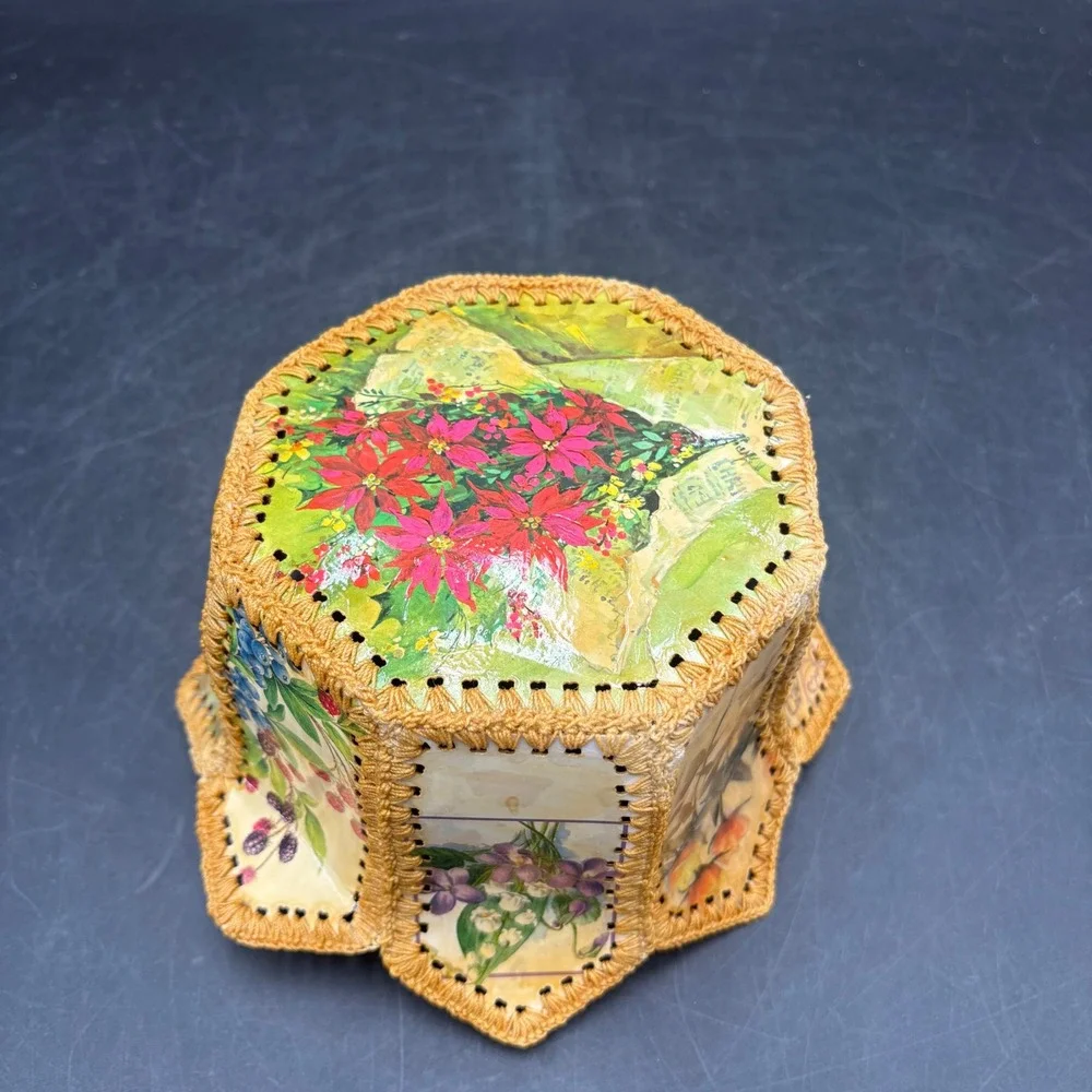 Vintage Handmade Greeting Card Basket Crochet Trim Floral Scalloped Bowl 8.5
